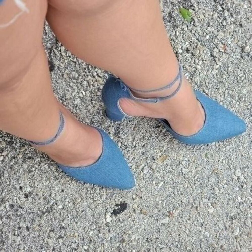 Blue Denim Point Toe Block Heel Ankle Strap Women’s Shoes - Picture 5 of 5